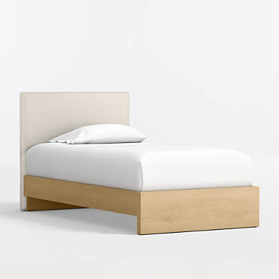 Noa Cream Upholstered Flange Kids Twin Headboard with Natural Wood Base