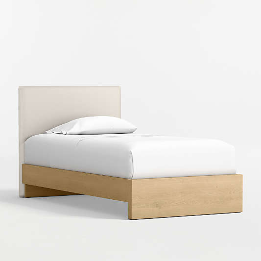 Noa Cream Upholstered Flange Kids Full Headboard with Natural Wood Base