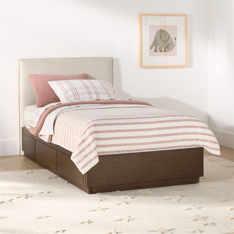 Noa Cream Upholstered Flange Kids Full Headboard with Deep Brown Wood Storage Base - image 2 of 8