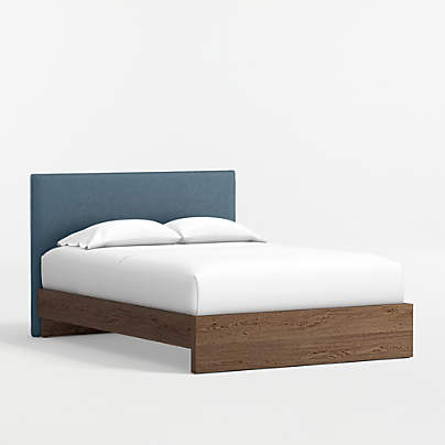 Noa Denim Blue Upholstered Flange Kids Full Headboard with Deep Brown Wood Base