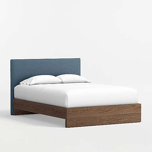 Noa Denim Blue Upholstered Flange Kids Full Headboard with Deep Brown Wood Base