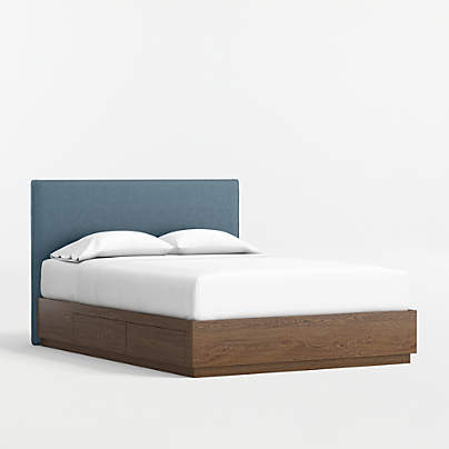 Noa Denim Blue Upholstered Flange Kids Full Headboard with Deep Brown Wood Storage Base