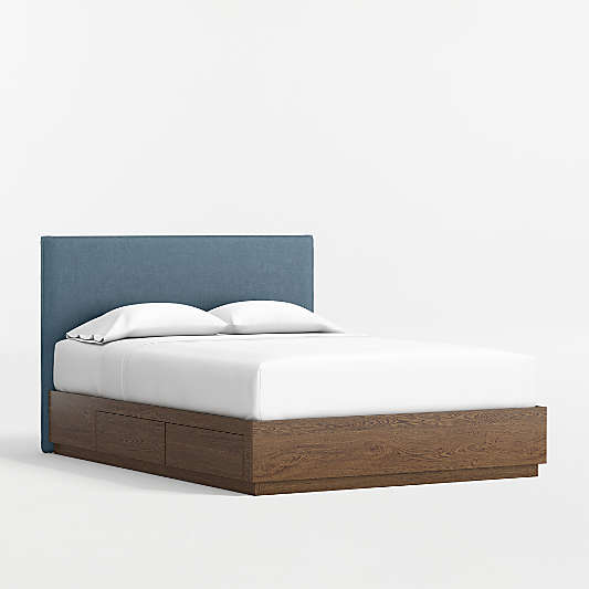 Noa Denim Blue Upholstered Flange Kids Full Headboard with Deep Brown Wood Storage Base
