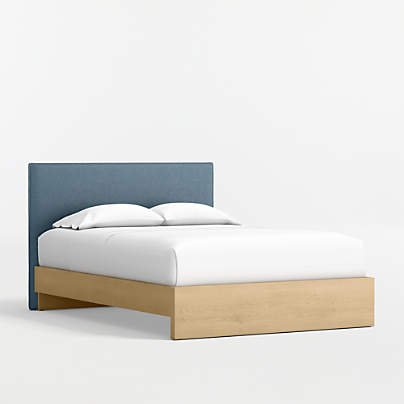 Noa Denim Blue Upholstered Flange Kids Full Headboard with Natural Wood Base