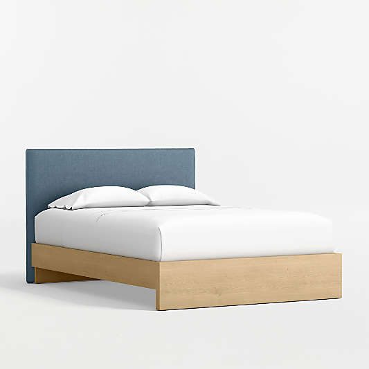 Noa Denim Blue Upholstered Flange Kids Full Headboard with Natural Wood Base