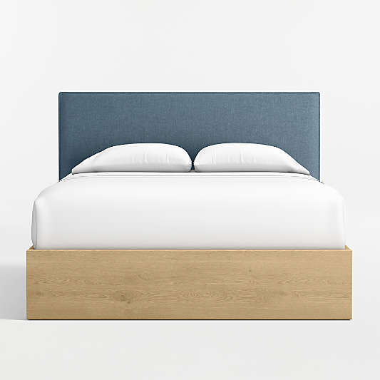 Noa Denim Blue Upholstered Flange Kids Full Headboard with Natural Wood Base