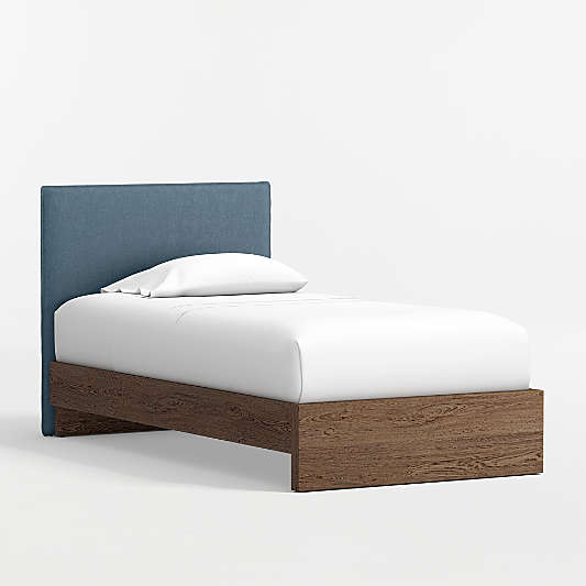 Noa Denim Blue Upholstered Flange Kids Headboard with Deep Brown Wood Base