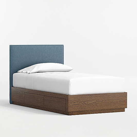 Noa Denim Blue Upholstered Flange Kids Headboard with Deep Brown Wood Storage Base