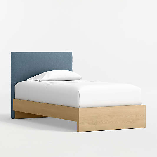 Noa Denim Blue Upholstered Flange Kids Headboard with Natural Wood Base