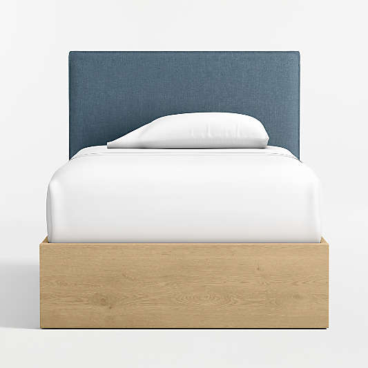 Noa Denim Blue Upholstered Flange Kids Twin Headboard with Natural Wood Base