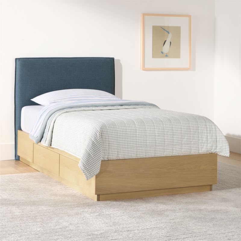 Noa Denim Blue Upholstered Flange Kids Twin Bed with Natural Wood Storage Base - image 3 of 8