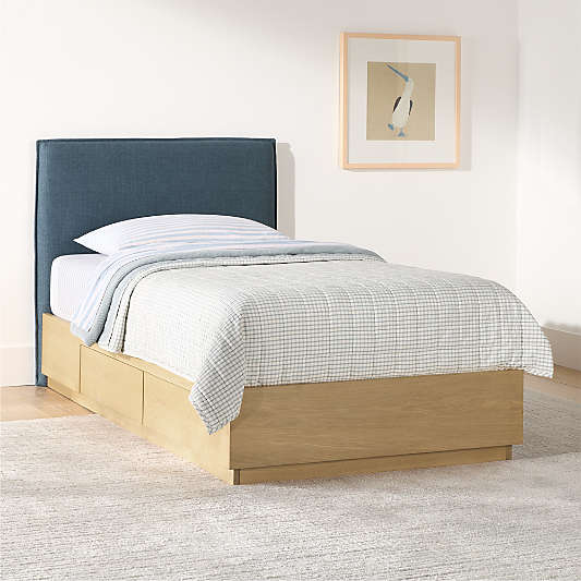 Noa Denim Blue Upholstered Flange Kids Bed with Natural Wood Storage Base