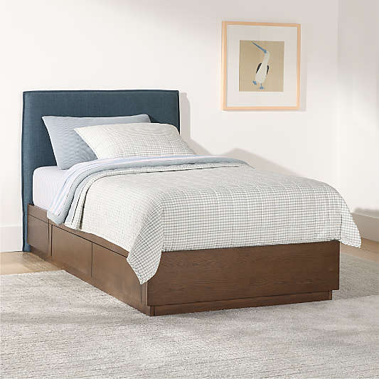 Noa Denim Blue Upholstered Flange Kids Headboard with Deep Brown Wood Storage Base