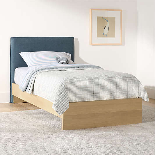 Noa Denim Blue Upholstered Flange Kids Twin Headboard with Natural Wood Base