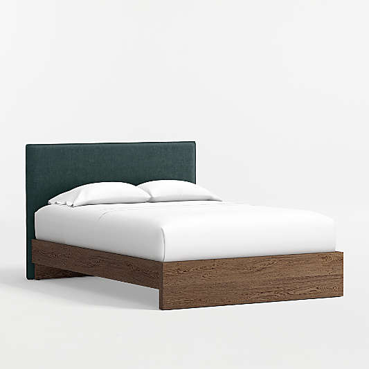 Noa Jungle Green Upholstered Flange Kids Full Headboard with Deep Brown Wood Base