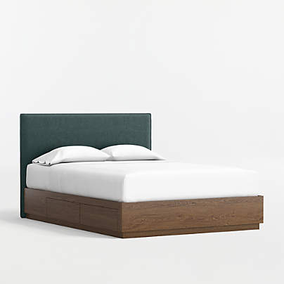 Noa Jungle Green Upholstered Flange Kids Full Headboard with Deep Brown Wood Storage Base