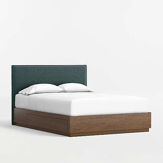 Noa Jungle Green Upholstered Flange Kids Full Headboard with Deep Brown Wood Storage Base