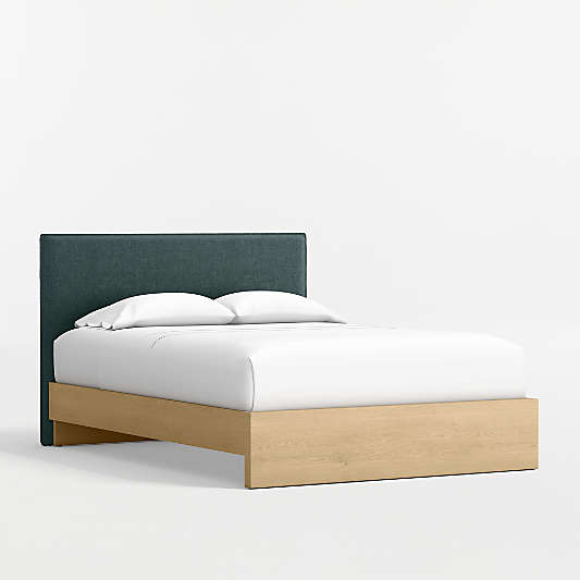 Noa Jungle Green Upholstered Flange Kids Full Headboard with Natural Wood Base