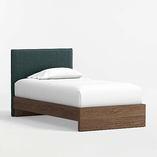 Noa Jungle Green Upholstered Flange Kids Headboard with Deep Brown Wood Base