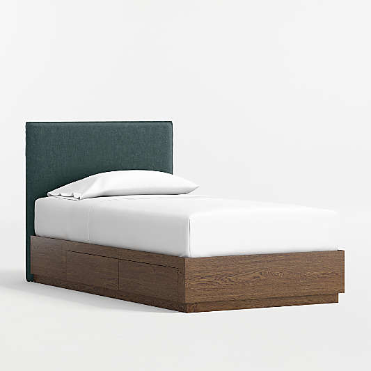 Noa Jungle Green Upholstered Flange Kids Headboard with Deep Brown Wood Storage Base
