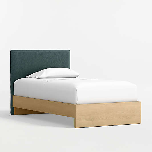 Noa Jungle Green Upholstered Flange Kids Headboard with Natural Wood Base