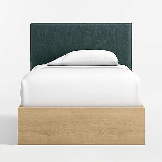 Noa Jungle Green Upholstered Flange Kids Twin Headboard with Natural Wood Base