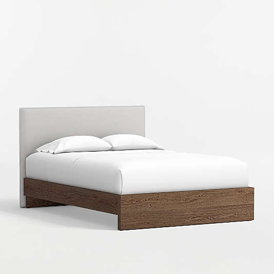 Noa Grey Upholstered Flange Kids Full Headboard with Deep Brown Wood Base