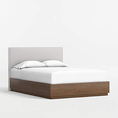 Noa Grey Upholstered Flange Kids Full Headboard with Deep Brown Wood Storage Base