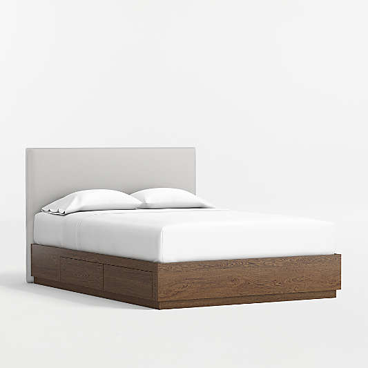 Noa Grey Upholstered Flange Kids Full Headboard with Deep Brown Wood Storage Base