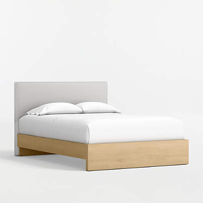 Noa Grey Upholstered Flange Kids Full Headboard with Natural Wood Base