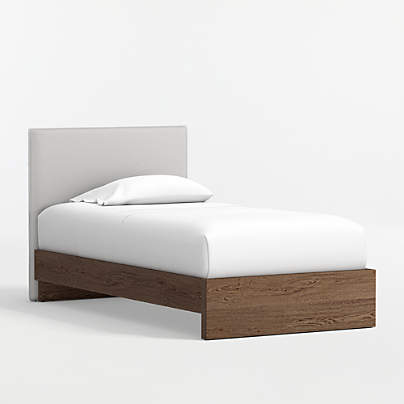 Noa Grey Upholstered Flange Kids Twin Headboard with Deep Brown Wood Base