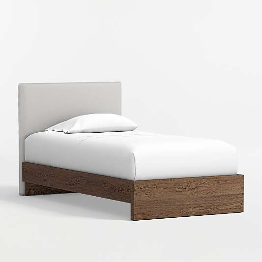 Noa Grey Upholstered Flange Kids Headboard with Deep Brown Wood Base