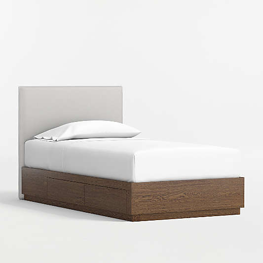 Noa Grey Upholstered Flange Kids Headboard with Deep Brown Wood Storage Base