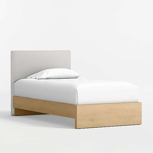 Noa Grey Upholstered Flange Kids Headboard with Natural Wood Base