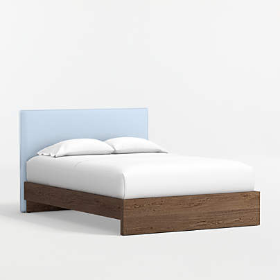 Noa Light Blue Upholstered Flange Kids Full Headboard with Deep Brown Wood Base