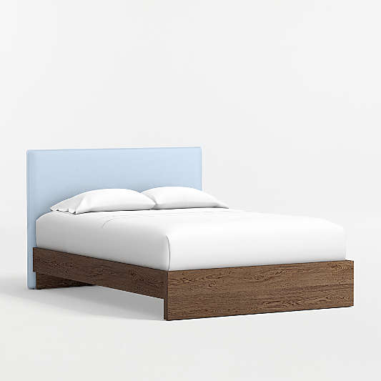 Noa Light Blue Upholstered Flange Kids Full Headboard with Deep Brown Wood Base