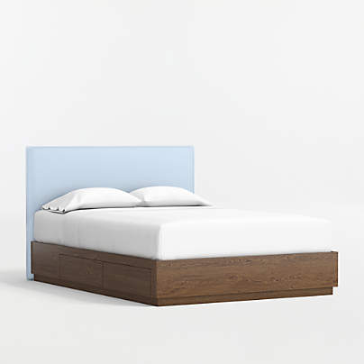 Noa Light Blue Upholstered Flange Kids Full Headboard with Deep Brown Wood Storage Base