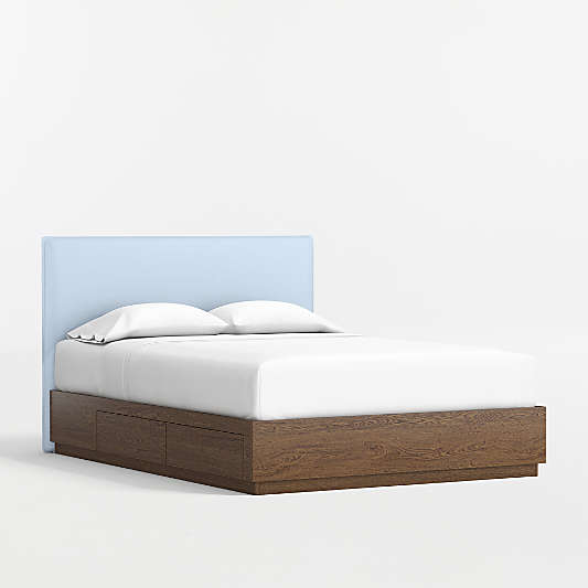 Noa Light Blue Upholstered Flange Kids Full Headboard with Deep Brown Wood Storage Base