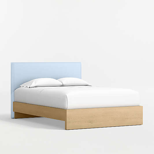 Noa Light Blue Upholstered Flange Kids Full Headboard with Natural Wood Base