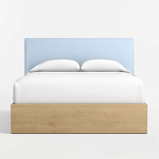 Noa Light Blue Upholstered Flange Kids Full Headboard with Natural Wood Base