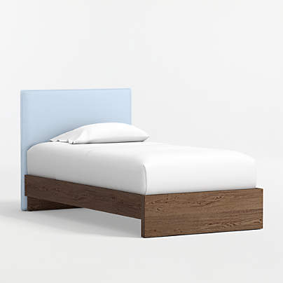Noa Light Blue Upholstered Flange Kids Twin Headboard with Deep Brown Wood Base