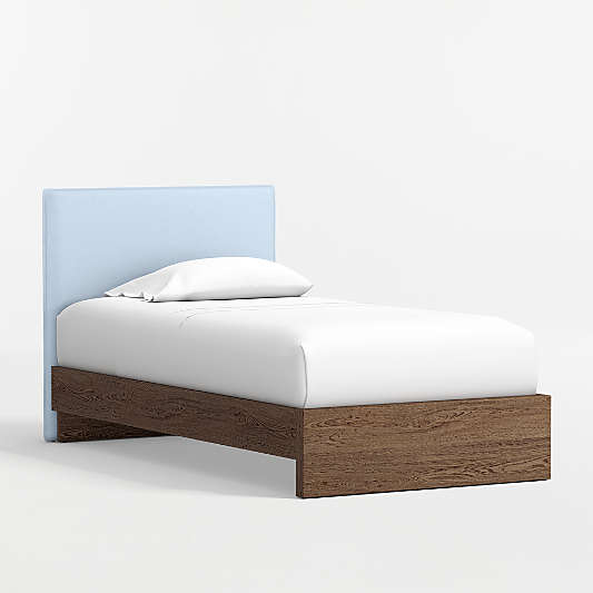 Noa Light Blue Upholstered Flange Kids Headboard with Deep Brown Wood Base