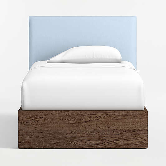 Noa Light Blue Upholstered Flange Kids Twin Headboard with Deep Brown Wood Base