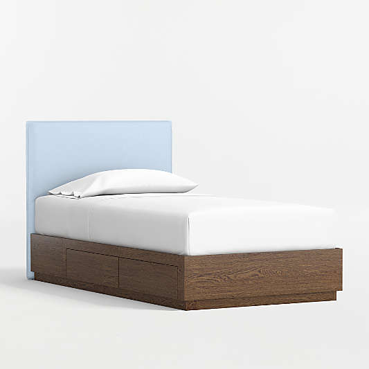 Noa Light Blue Upholstered Flange Kids Headboard with Deep Brown Wood Storage Base