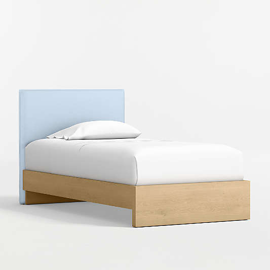 Noa Light Blue Upholstered Flange Kids Headboard with Natural Wood Base