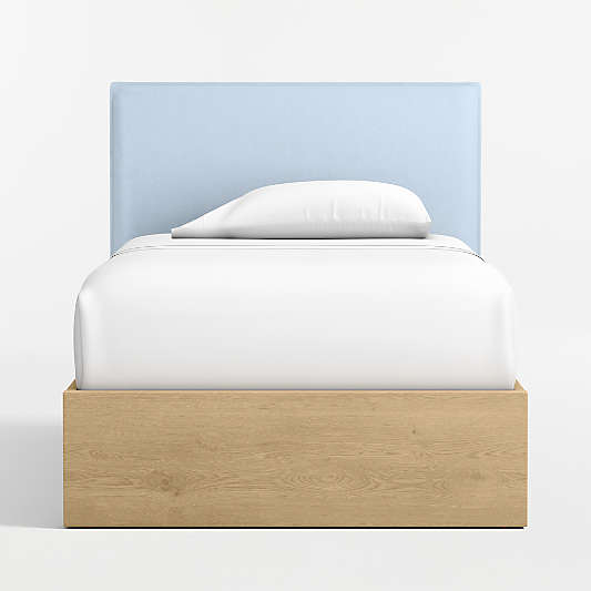 Noa Light Blue Upholstered Flange Kids Twin Headboard with Natural Wood Base