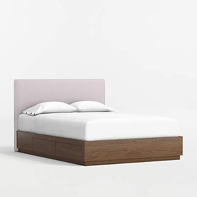 Noa Lilac Upholstered Flange Kids Full Headboard with Deep Brown Wood Storage Base