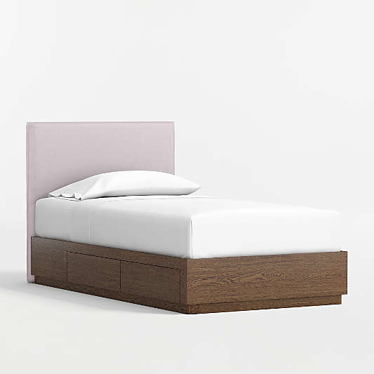 Noa Lilac Upholstered Flange Kids Headboard with Deep Brown Wood Storage Base
