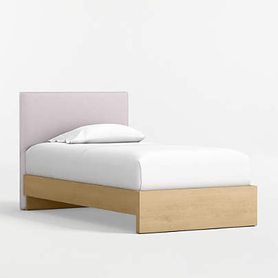 Noa Lilac Upholstered Flange Kids Twin Headboard with Natural Wood Base