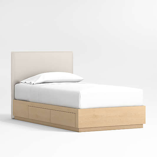 Noa Cream Upholstered Flange Kids Bed with Natural Wood Storage Base